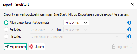 Venster Export - SnelStart met de exportopties