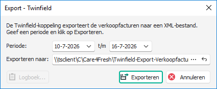 Het venster Export - Twinfield met een periode en een opslaglocatie