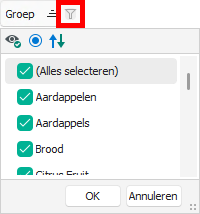Het filtericoon op een kolom waarmee u de filterlijst opent