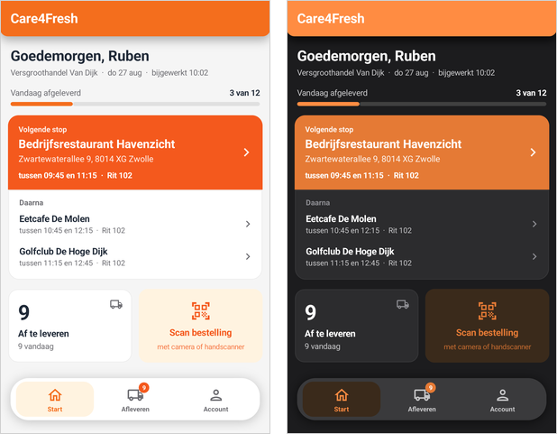 Het startscherm voor de chauffeur, met de volgende stop en de twee stops daarna