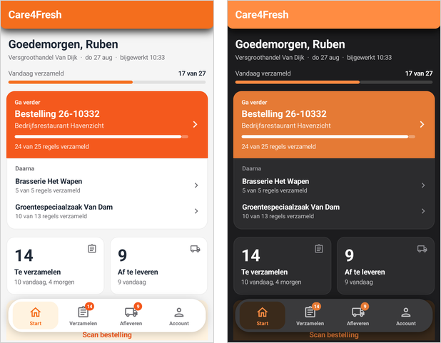 Het startscherm van de mobiele app, in het lichte en het donkere thema