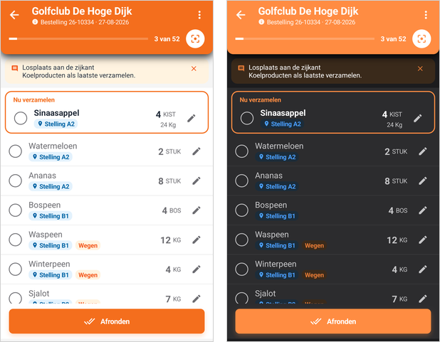 De regels van een bestelling op looproute, met de bovenste regel gemarkeerd als Nu verzamelen, in het lichte en het donkere thema