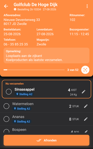De gegevens van de bestelling met afleveradres, datums, rit en opmerkingen