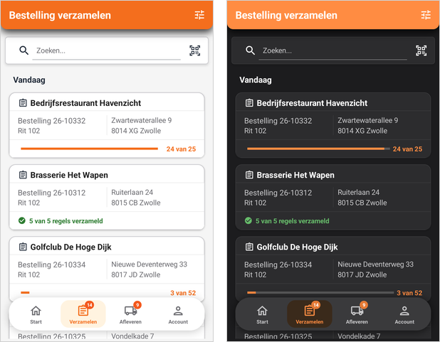 Overzicht van de te verzamelen bestellingen, met zoekveld en scanknop, in het lichte en het donkere thema