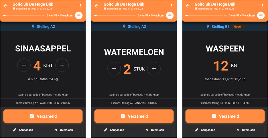Stap voor stap verzamelen: een kist met een inhoud, een stuksartikel en een weegartikel