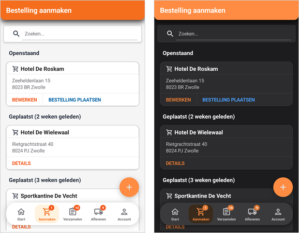 Overzicht met de openstaande en de eerder geplaatste bestellingen, en de knop om een nieuwe bestelling te beginnen, in het lichte en het donkere thema