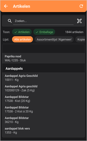 Het assortiment met het zoekveld, de knop om te scannen en de filters erboven