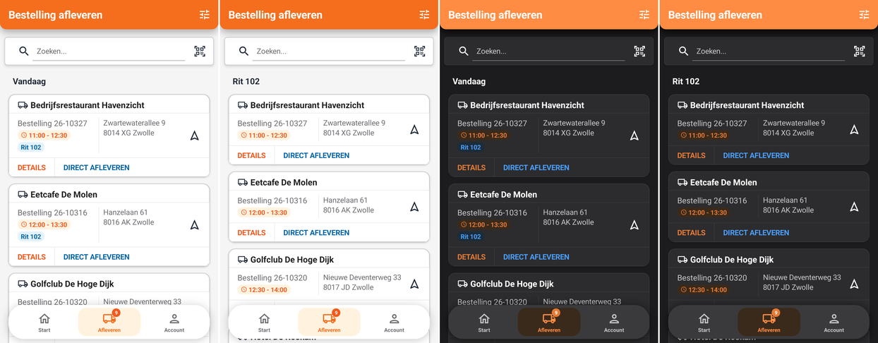 De lijst met af te leveren bestellingen, met het bezorgtijdvak en het ritnummer op de kaart