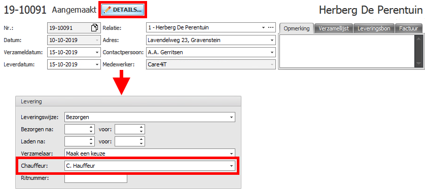 Chauffeur instellen bij bestelling via details