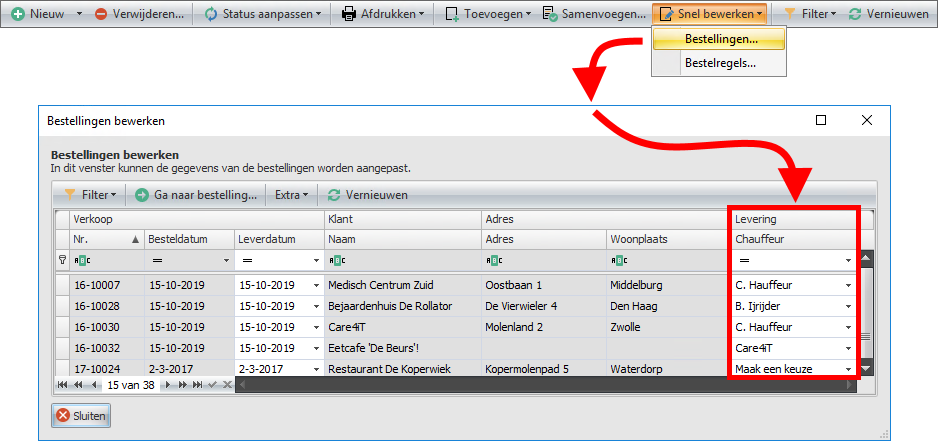 Chauffeur instellen bij bestelling via menu Snel bewerken